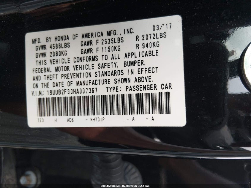 2017 Acura Tlx V6 VIN: 19UUB2F30HA007367 Lot: 45598853