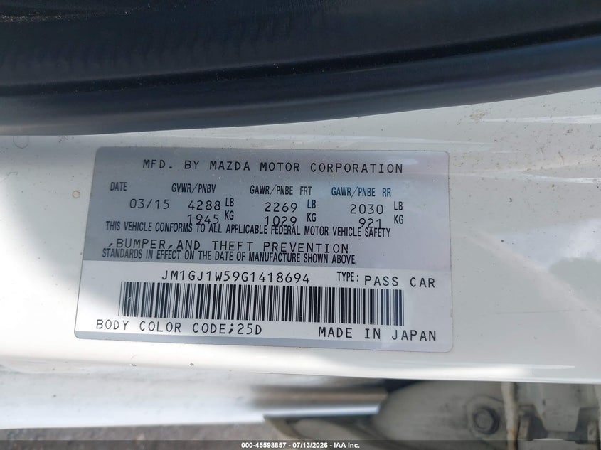 2016 Mazda Mazda6 I Grand Touring VIN: JM1GJ1W59G1418694 Lot: 45598857
