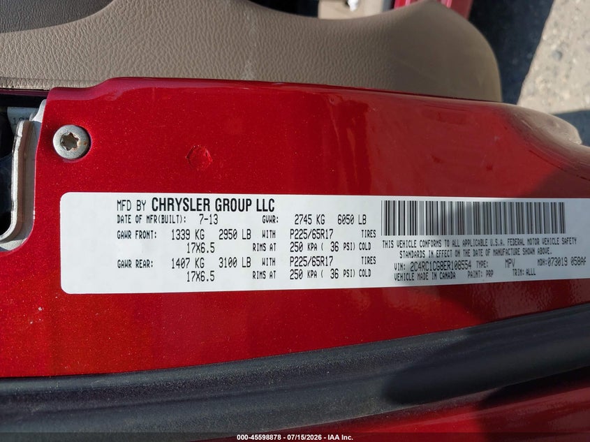 2014 Chrysler Town & Country Touring-L VIN: 2C4RC1CG8ER108554 Lot: 45598878