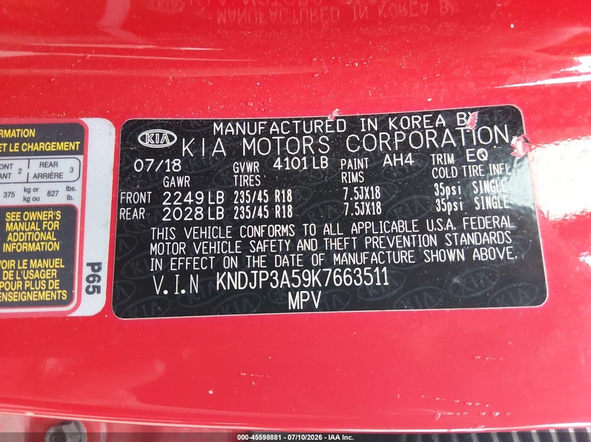 2019 Kia Soul + VIN: KNDJP3A59K7663511 Lot: 45598881