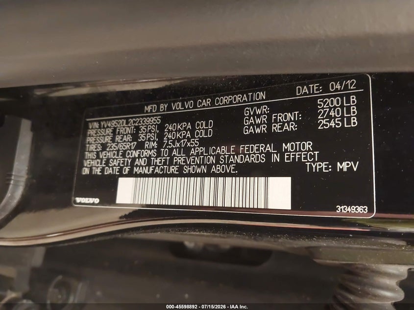 2012 Volvo Xc60 3.2/3.2 Platinum/3.2 Premier/3.2 Premier Plus VIN: YV4952DL2C2339955 Lot: 45598892