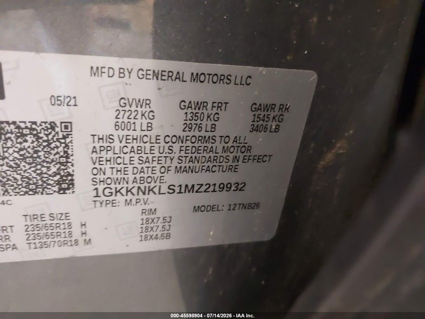 2021 GMC Acadia Fwd Sle VIN: 1GKKNKLS1MZ219932 Lot: 45598904