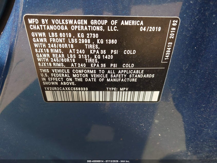 2019 Volkswagen Atlas 3.6L V6 Se W/Technology VIN: 1V2UR2CAXKC558333 Lot: 45598914
