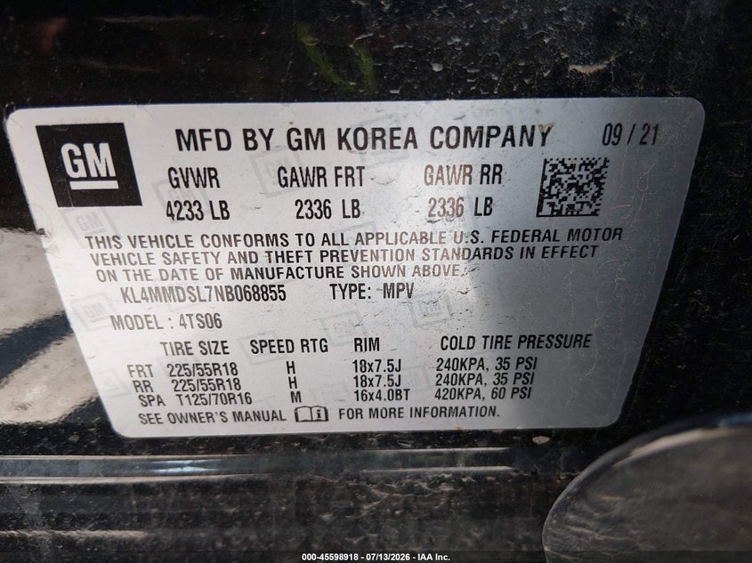 2022 Buick Encore Gx Fwd Select VIN: KL4MMDSL7NB068855 Lot: 45598918