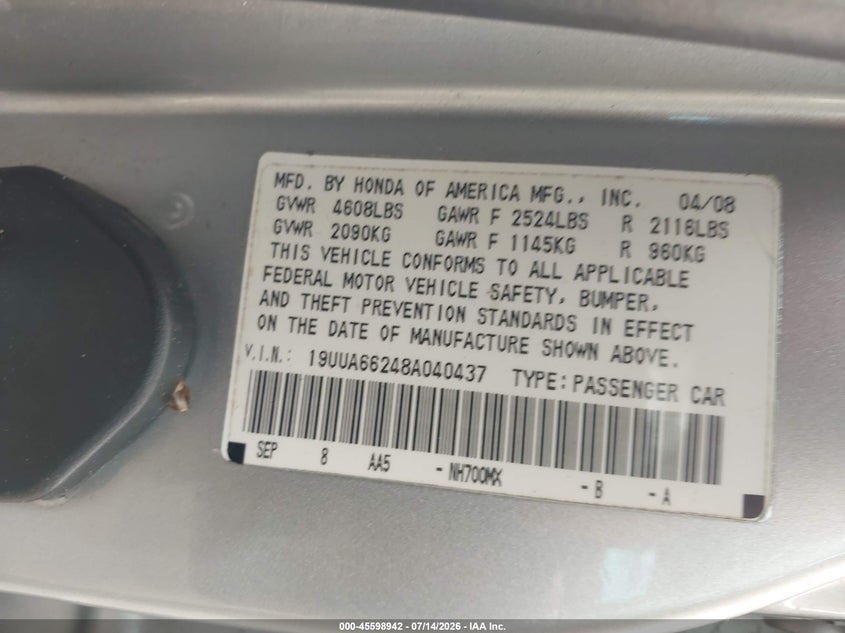 2008 Acura Tl 3.2 VIN: 19UUA66248A040437 Lot: 45598942
