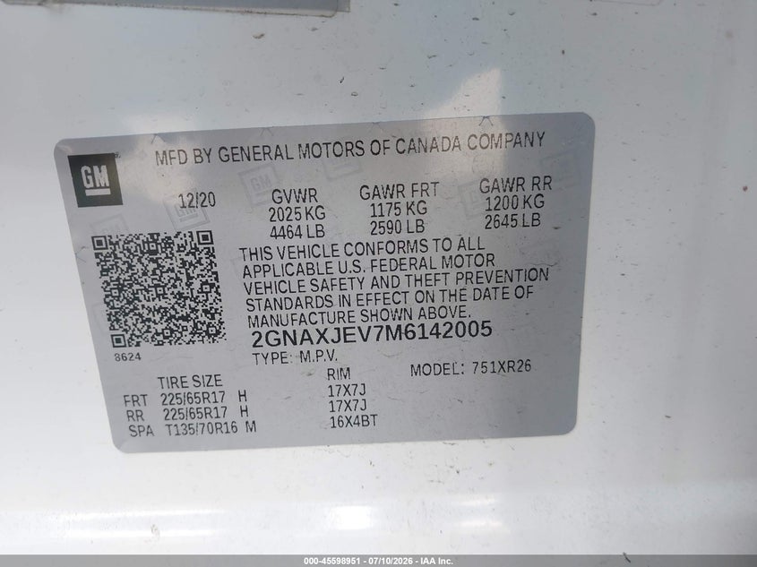 2021 Chevrolet Equinox(VIN: 2GNAXJEV7M6142005