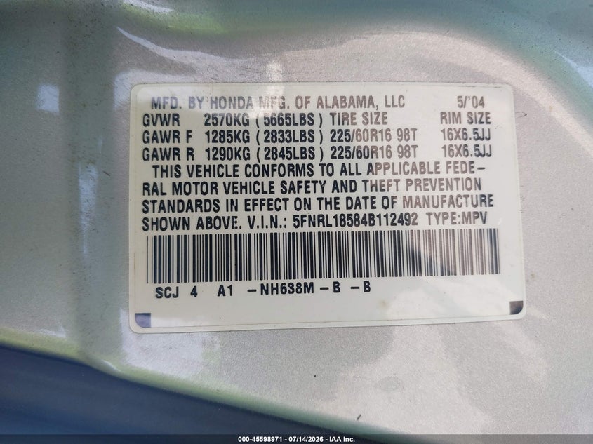 2004 Honda Odyssey Lx VIN: 5FNRL18584B112492 Lot: 45598971