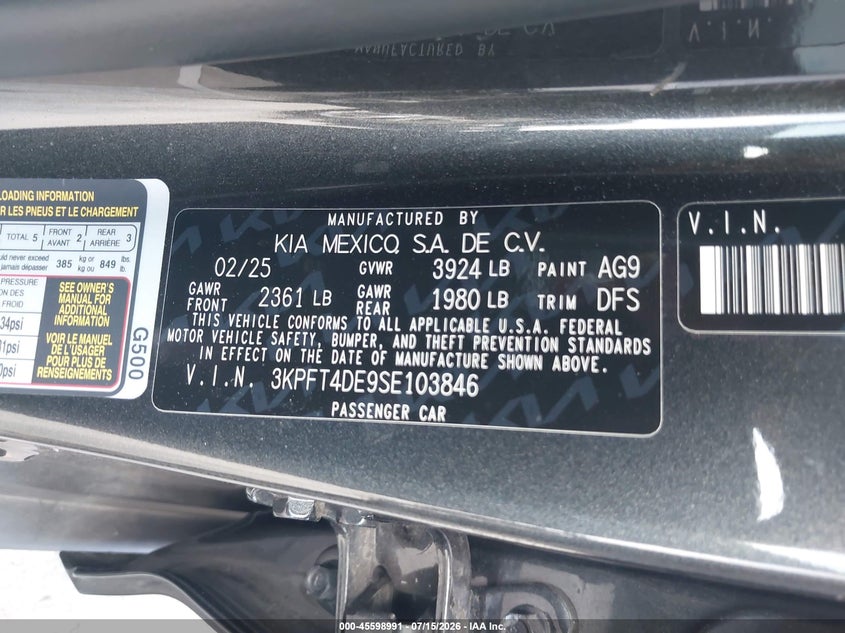 2025 Kia K4 Lxs VIN: 3KPFT4DE9SE103846 Lot: 45598991