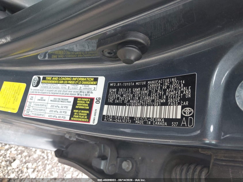 2014 TOYOTA COROLLA SEDAN 1.8L I-4 DOHC, VVT, 132HP