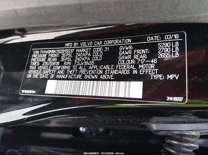 2016 Volvo Xc60 T6 Drive-E VIN: YV449MRK7G2915037 Lot: 45599027