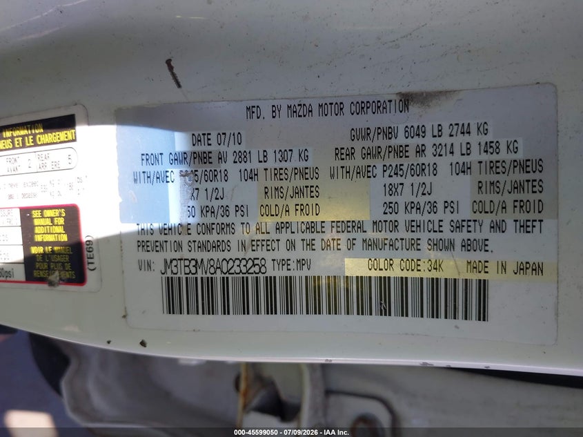 2010 Mazda Cx-9 Touring VIN: JM3TB3MV8A0233258 Lot: 45599050
