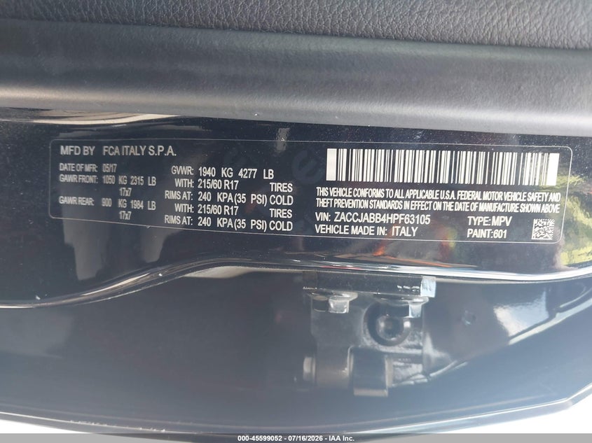 2017 Jeep Renegade Latitude VIN: ZACCJABB4HPF63105 Lot: 45599052