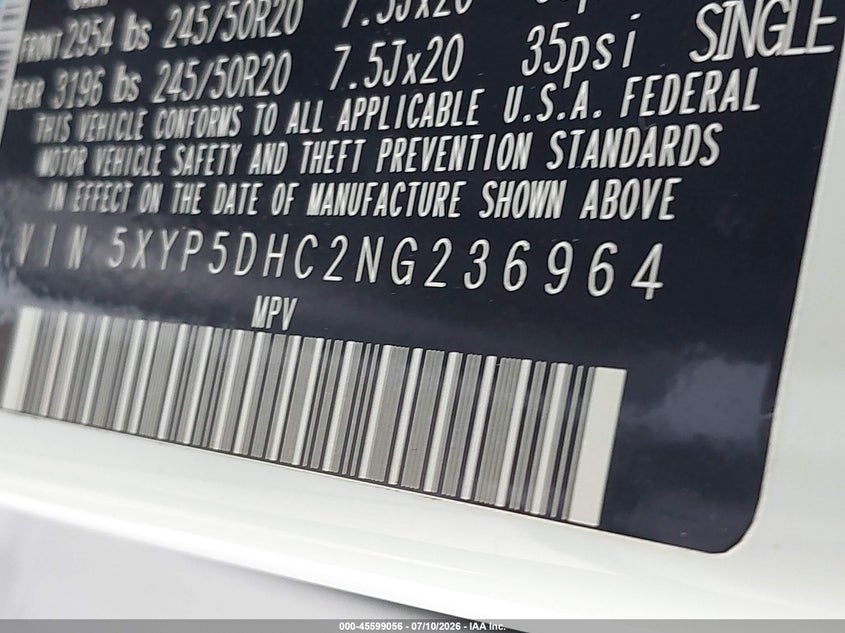 2022 Kia Telluride Sx VIN: 5XYP5DHC2NG236964 Lot: 45599056