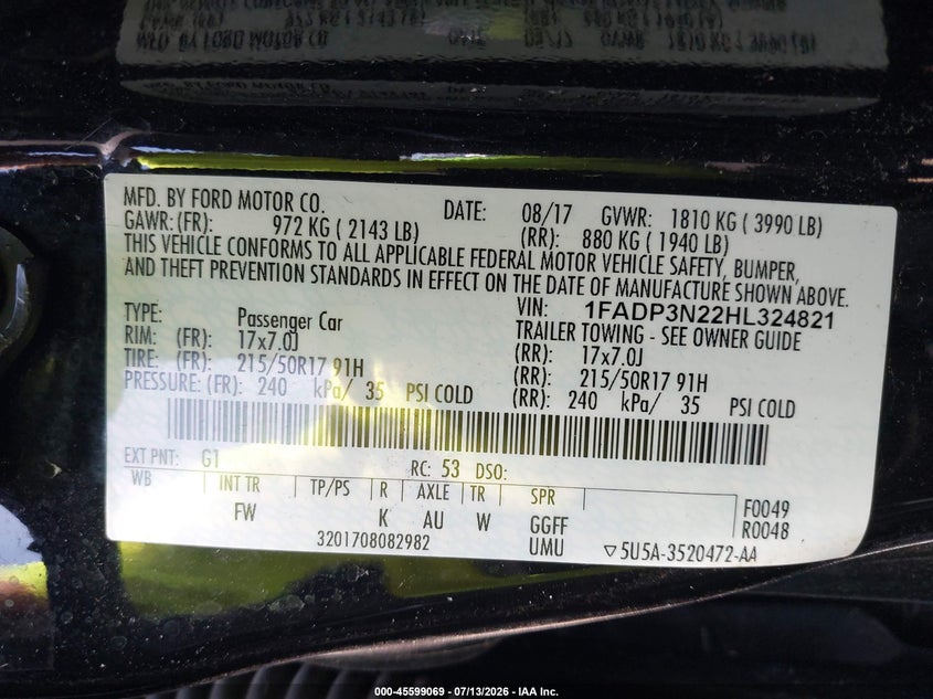 FORD FOCUS 2017 VIN 1FADP3N22HL324821