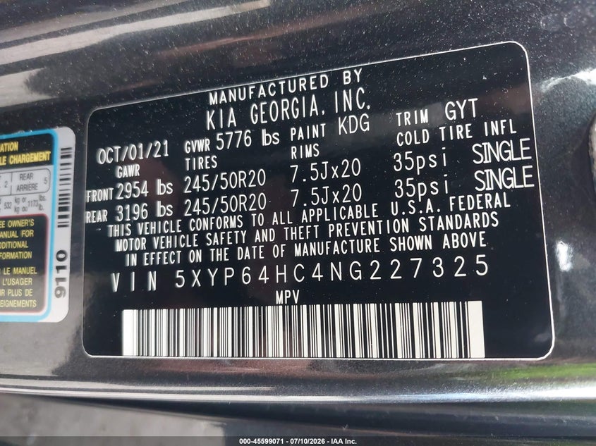 2022 Kia Telluride S VIN: 5XYP64HC4NG227325 Lot: 45599071