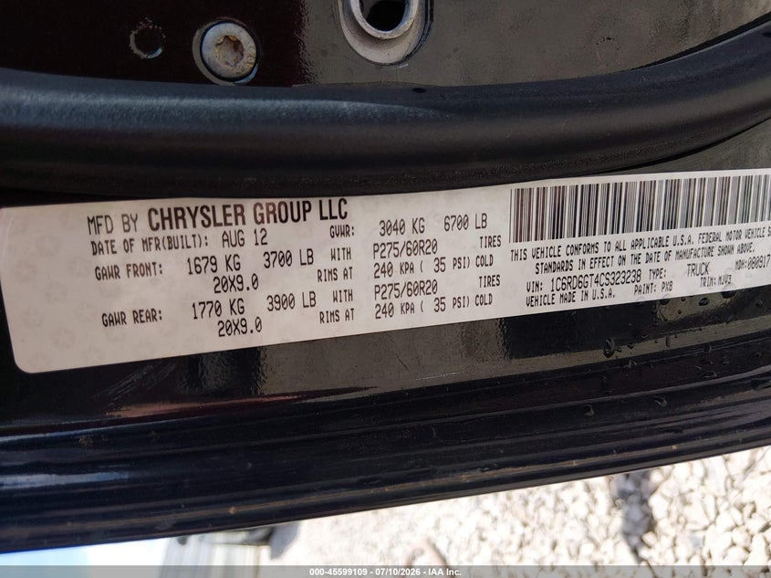 RAM 1500 2012 VIN 1C6RD6GT4CS323238