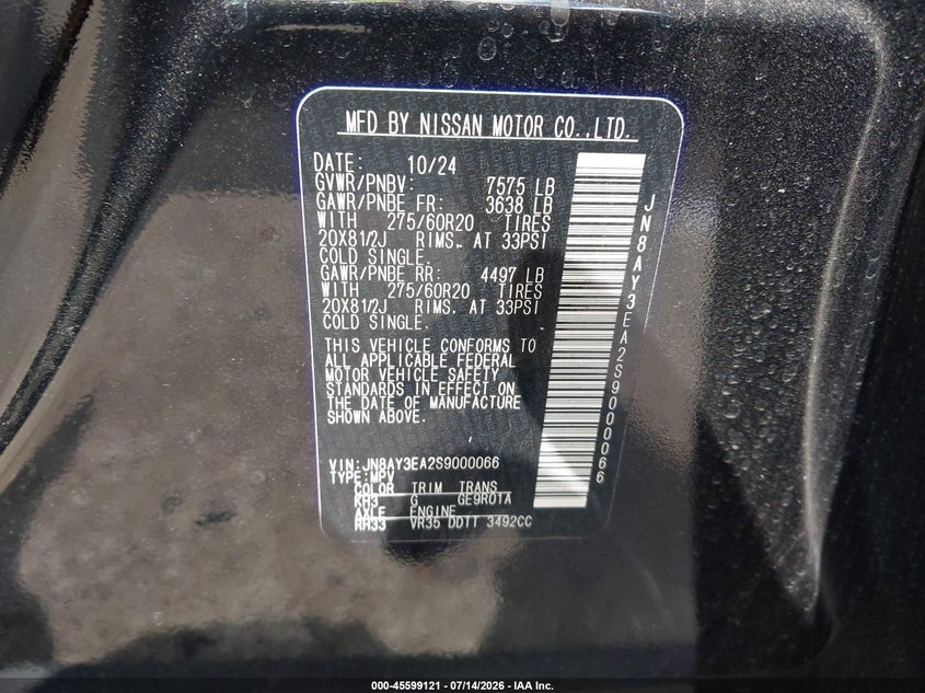 2025 Nissan Armada Platinum 2Wd VIN: JN8AY3EA2S9000066 Lot: 45599121