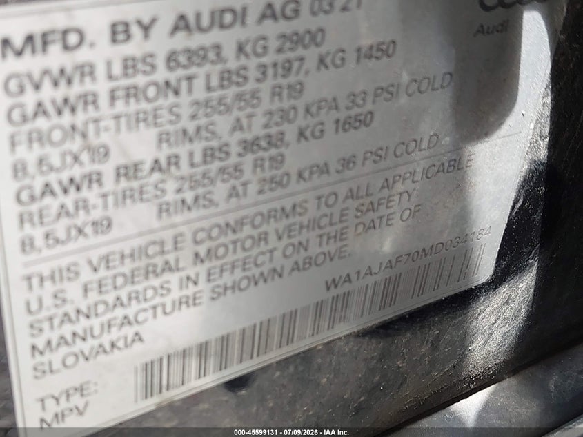2021 Audi Q7 Premium 45 Tfsi Quattro Tiptronic VIN: WA1AJAF70MD034184 Lot: 45599131