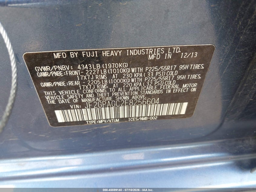 2014 Subaru Xv Crosstrek 2.0I Limited VIN: JF2GPAGC2E8256604 Lot: 45599140