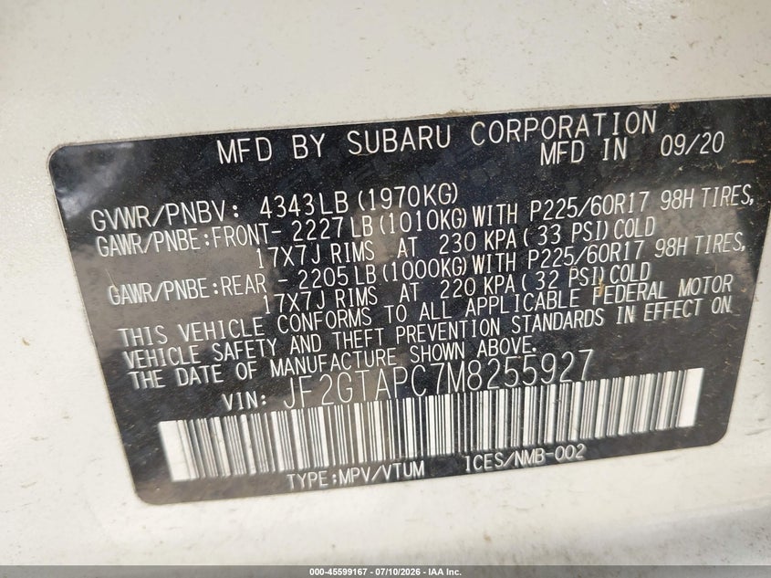 SUBARU CROSSTREK 2021 VIN JF2GTAPC7M8255927