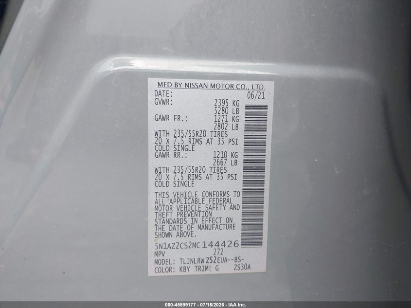 2021 Nissan Murano Sl Intelligent Awd VIN: 5N1AZ2CS2MC144426 Lot: 45599177