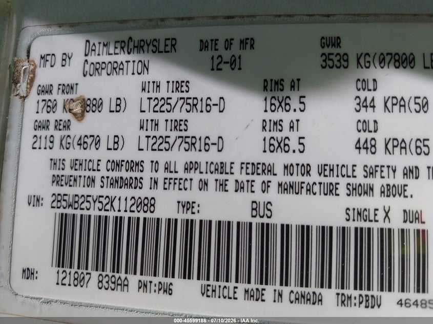 2002 Dodge Ram Wagon 2500 VIN: 2B5WB25Y52K112088 Lot: 45599186