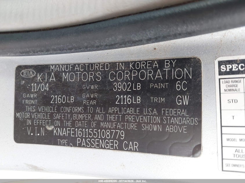 2005 Kia Spectra5 VIN: KNAFE161155108779 Lot: 45599205
