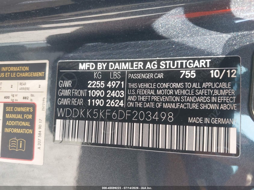 2013 Mercedes-Benz E 350 VIN: WDDKK5KF6DF203498 Lot: 45599223