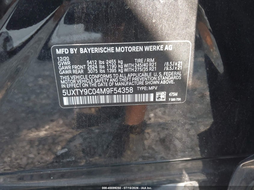 2021 BMW X3 M40I VIN: 5UXTY9C04M9F54358 Lot: 45599250