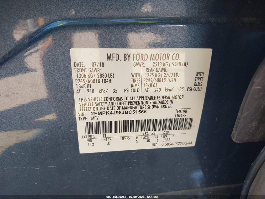 VIN 2FMPK4J98JBC51566 2018 FORD EDGE SEL