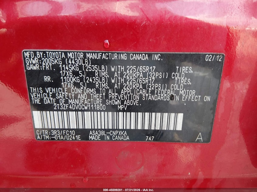 2012 Toyota Rav4 VIN: 2T3ZF4DV0CW111800 Lot: 45599281