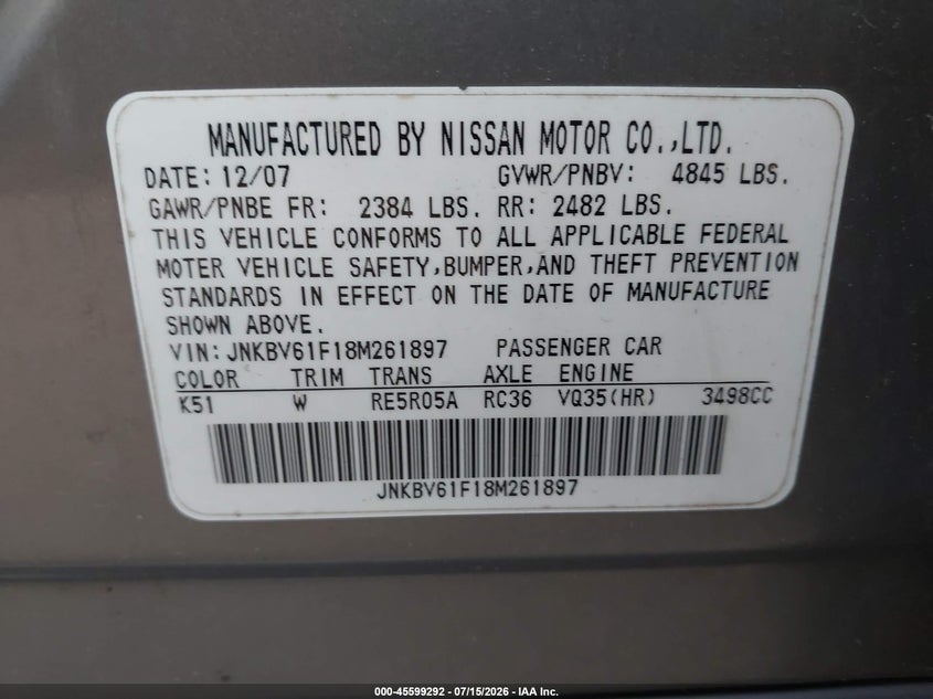 2008 Infiniti G35X VIN: JNKBV61F18M261897 Lot: 45599292