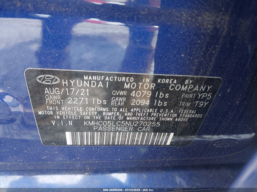 2022 Hyundai Ioniq Hybrid Limited VIN: KMHC05LC5NU270255 Lot: 45599295