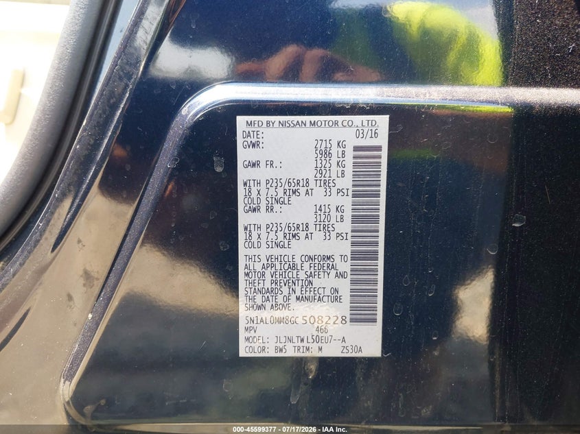 2016 Infiniti Qx60 VIN: 5N1AL0MM8GC508228 Lot: 45599377