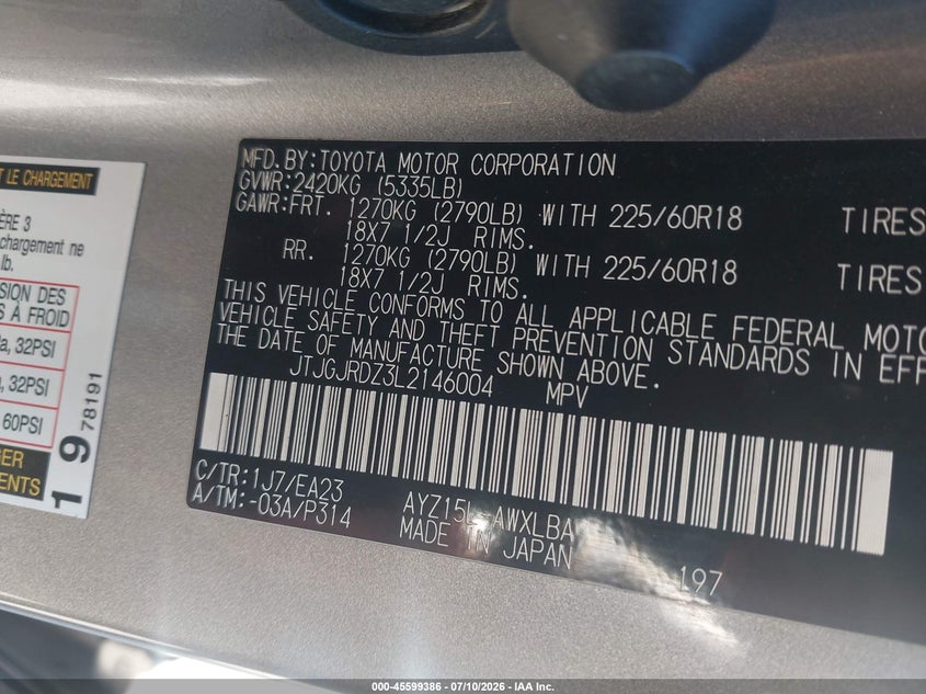 2020 Lexus Nx 300H VIN: JTJGJRDZ3L2146004 Lot: 45599386