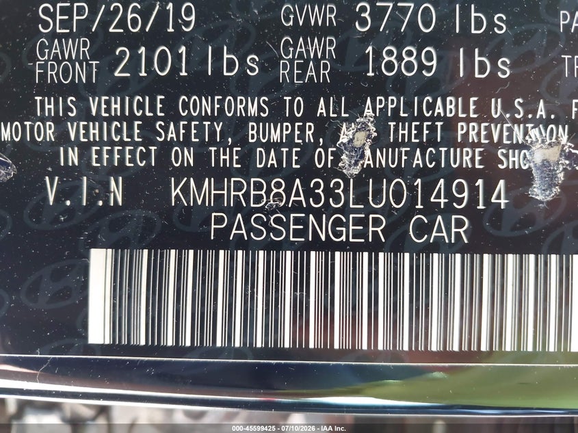 2020 Hyundai Venue Se VIN: KMHRB8A33LU014914 Lot: 45599425