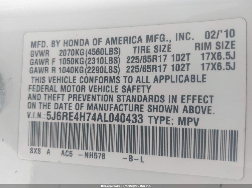 HONDA CR-V 2010 VIN 5J6RE4H74AL040433