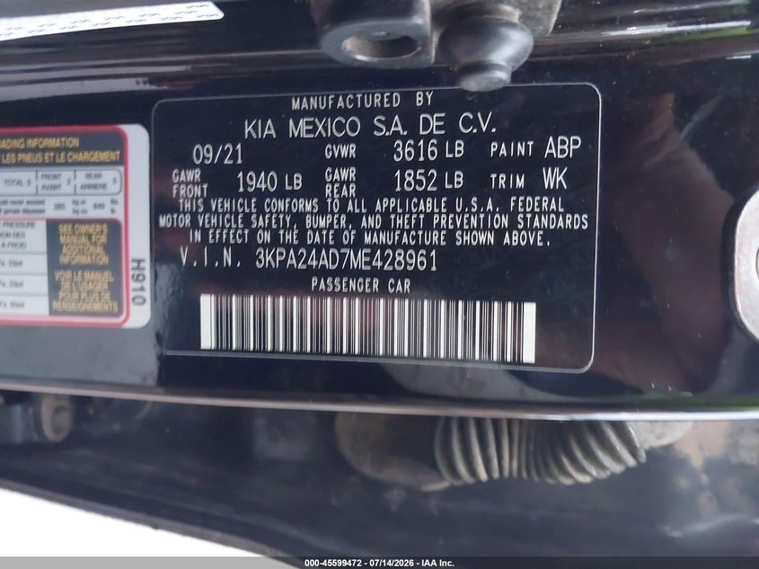 2021 Kia Rio S VIN: 3KPA24AD7ME428961 Lot: 45599472