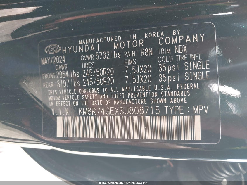 2025 Hyundai Palisade Calligraphy VIN: KM8R74GEXSU808715 Lot: 45599476