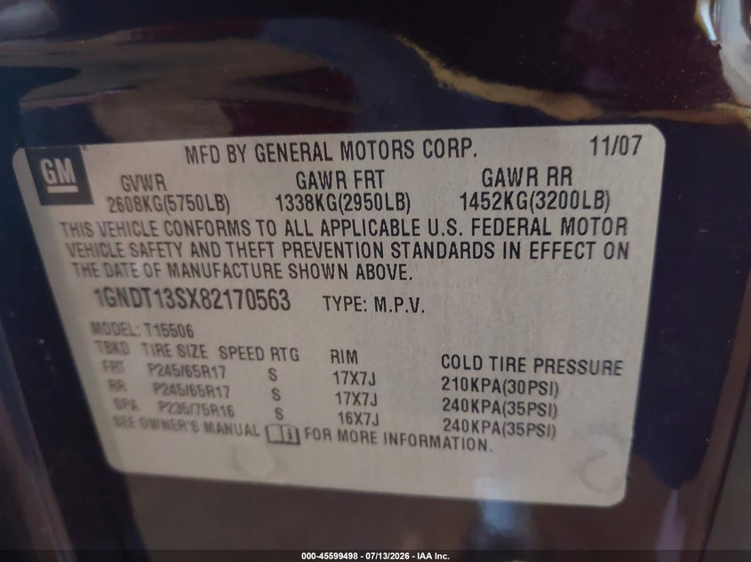 2008 Chevrolet Trailblazer Lt VIN: 1GNDT13SX82170563 Lot: 45599498