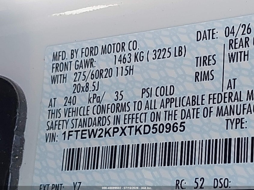 FORD F-150 2026 VIN 1FTEW2KPXTKD50965