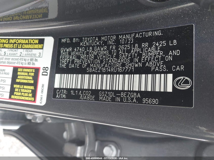 2024 Lexus Es 350 Luxury VIN: 58AEZ1B14RU167771 Lot: 45599544