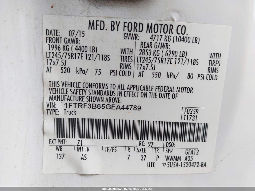 2016 Ford F-350 Xl VIN: 1FTRF3B65GEA44789 Lot: 45599552