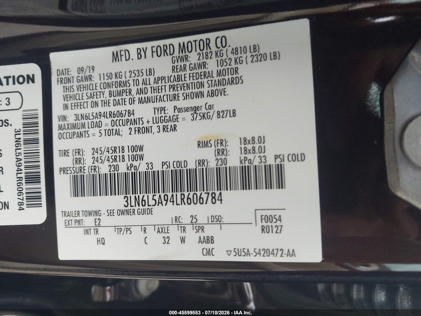 2020 Lincoln Mkz Standard VIN: 3LN6L5A94LR606784 Lot: 45599553