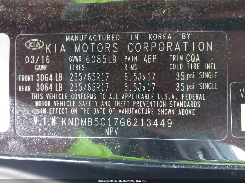 2016 Kia Sedona Lx VIN: KNDMB5C17G6213449 Lot: 45599565