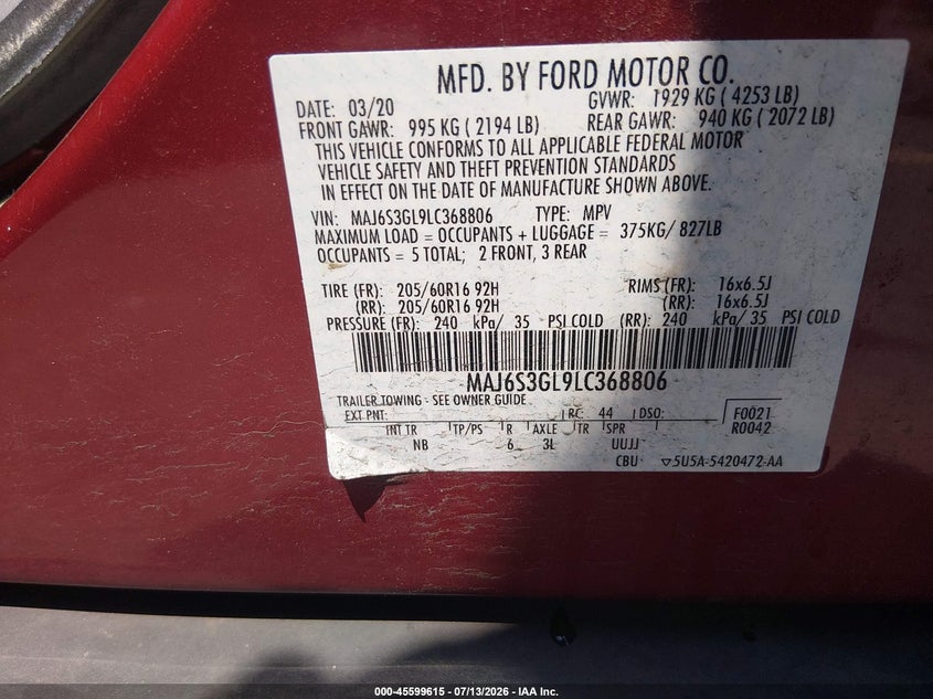 2020 Ford Ecosport Se VIN: MAJ6S3GL9LC368806 Lot: 45599615