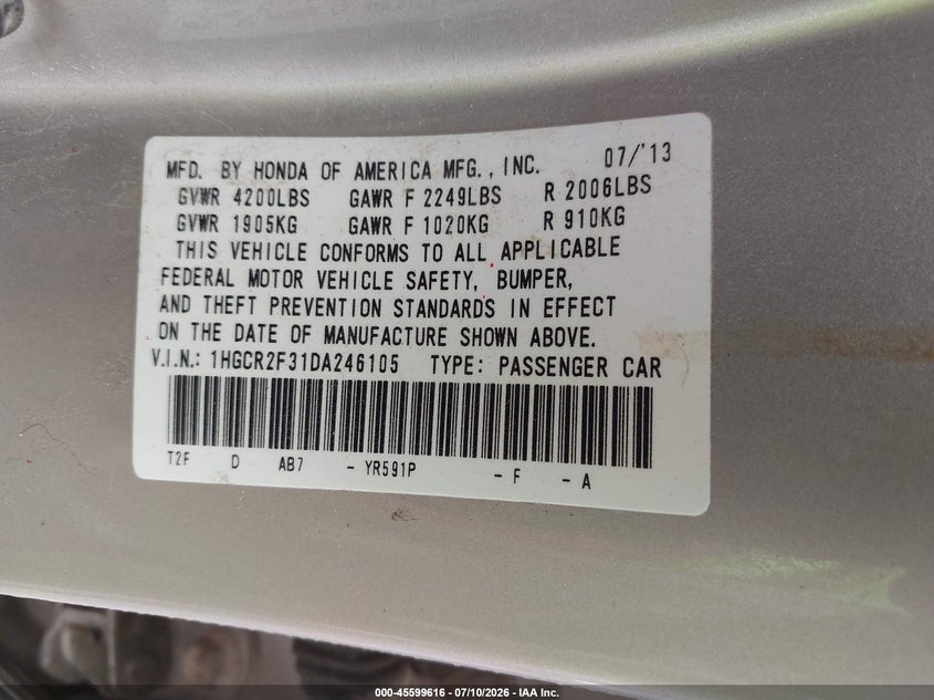 2013 Honda Accord Lx VIN: 1HGCR2F31DA246105 Lot: 45599616