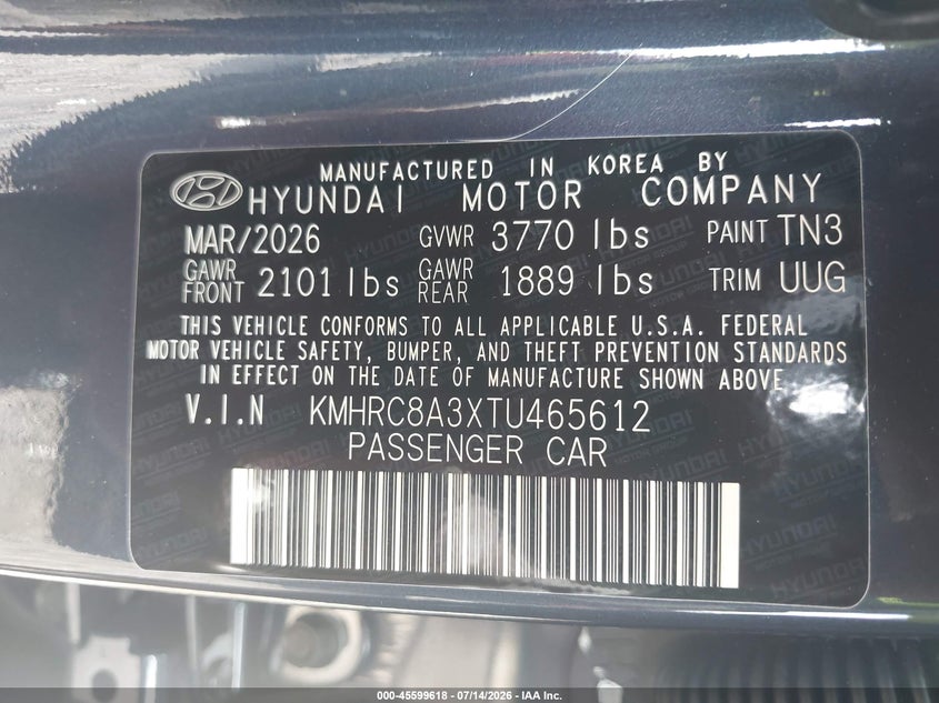 2026 Hyundai Venue Sel W/Two-Tone Roof VIN: KMHRC8A3XTU465612 Lot: 45599618