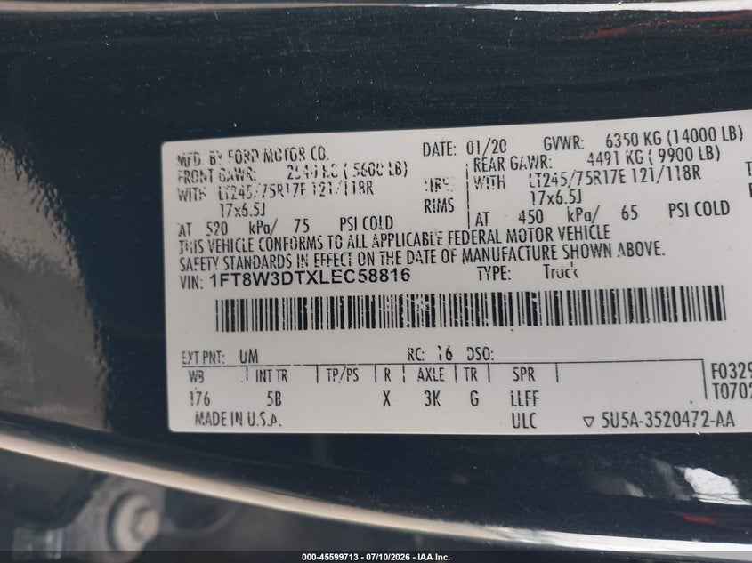 2020 Ford F-350 Lariat VIN: 1FT8W3DTXLEC58816 Lot: 45599713