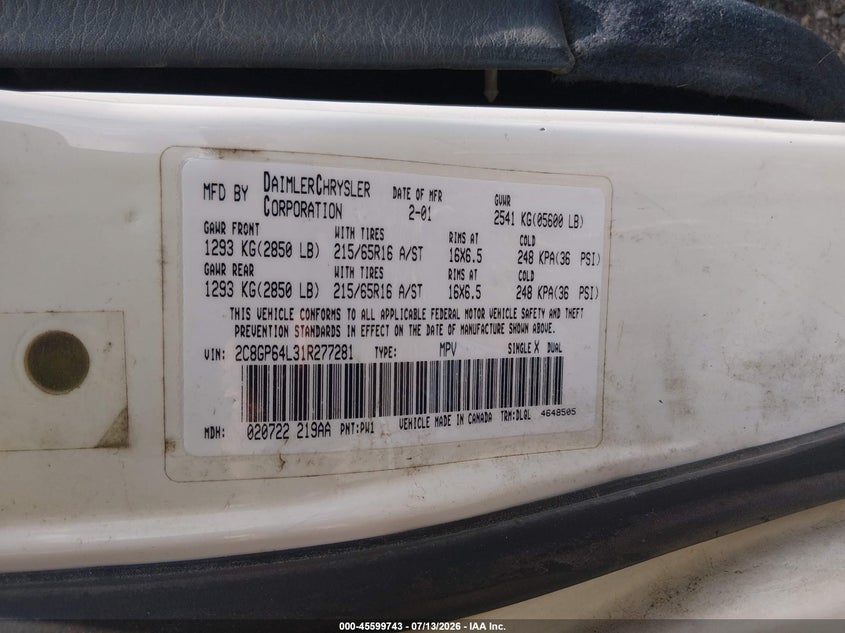 2001 Chrysler Town & Country Limited VIN: 2C8GP64L31R277281 Lot: 45599743